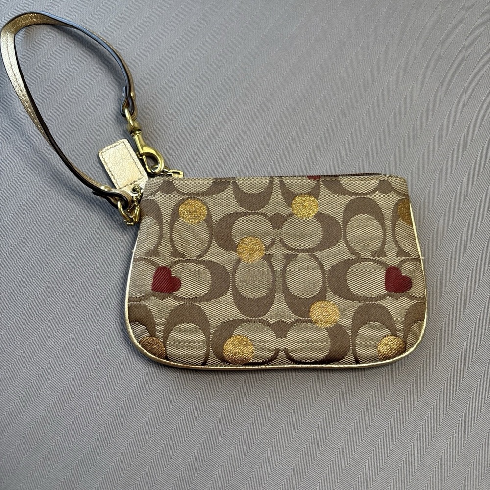 Coach Poppy Signature Lurex Heart Small Wristlet Brown Gold Monogram Red Hearts
